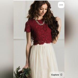 Contemporaine by Simon's Elegant Lace Top With Inner camisole in Deep Red Size M
